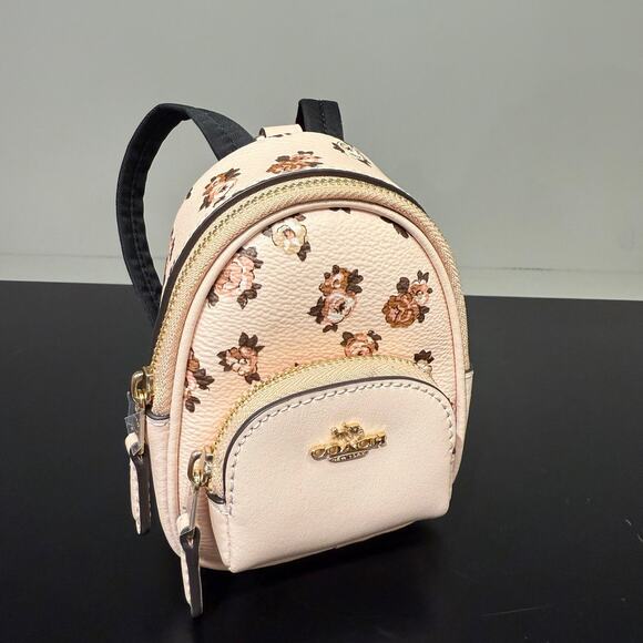 Coach CAA68 Mini Court Backpack Bag Charm With Rosette Print Gold/Blush Multi - Picture 1 of 9